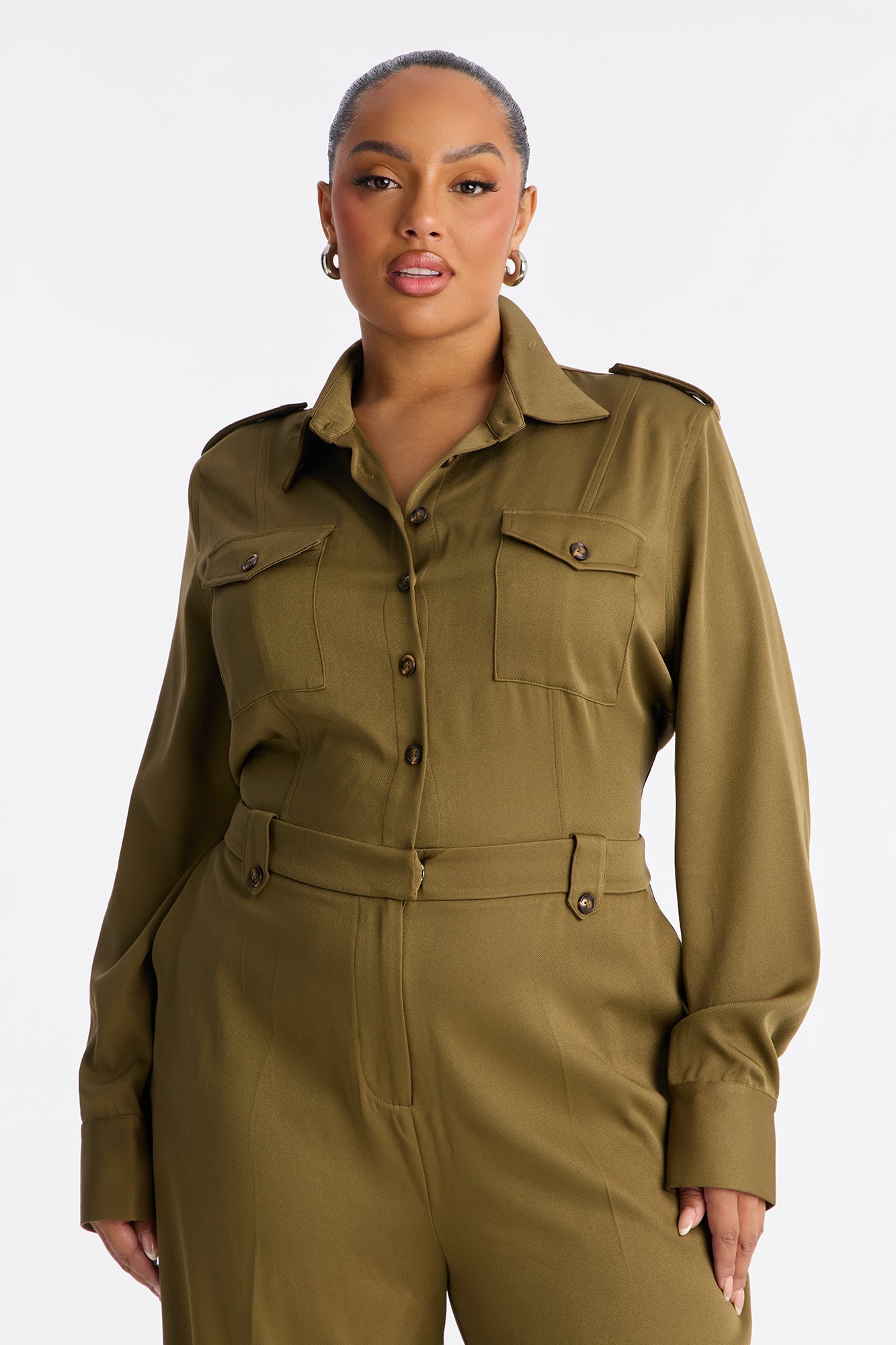 Callie Utility Long Sleeve Wide Leg Jumpsuit - Olive