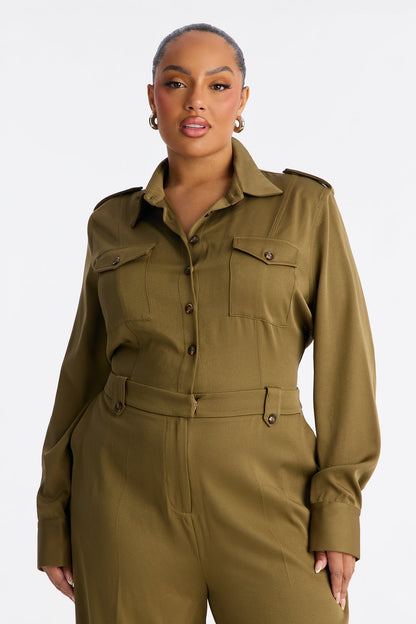 Callie Utility Long Sleeve Wide Leg Jumpsuit - Olive