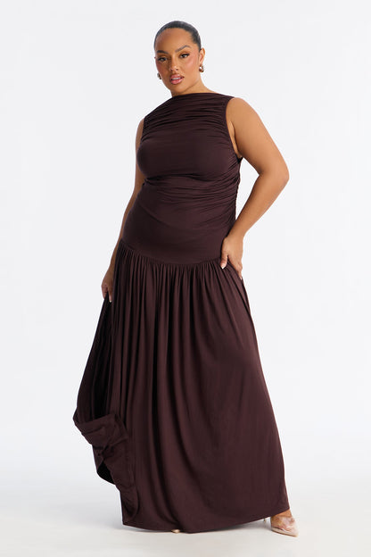 Maisie Ruched Drop Waist Maxi Dress - Chocolate