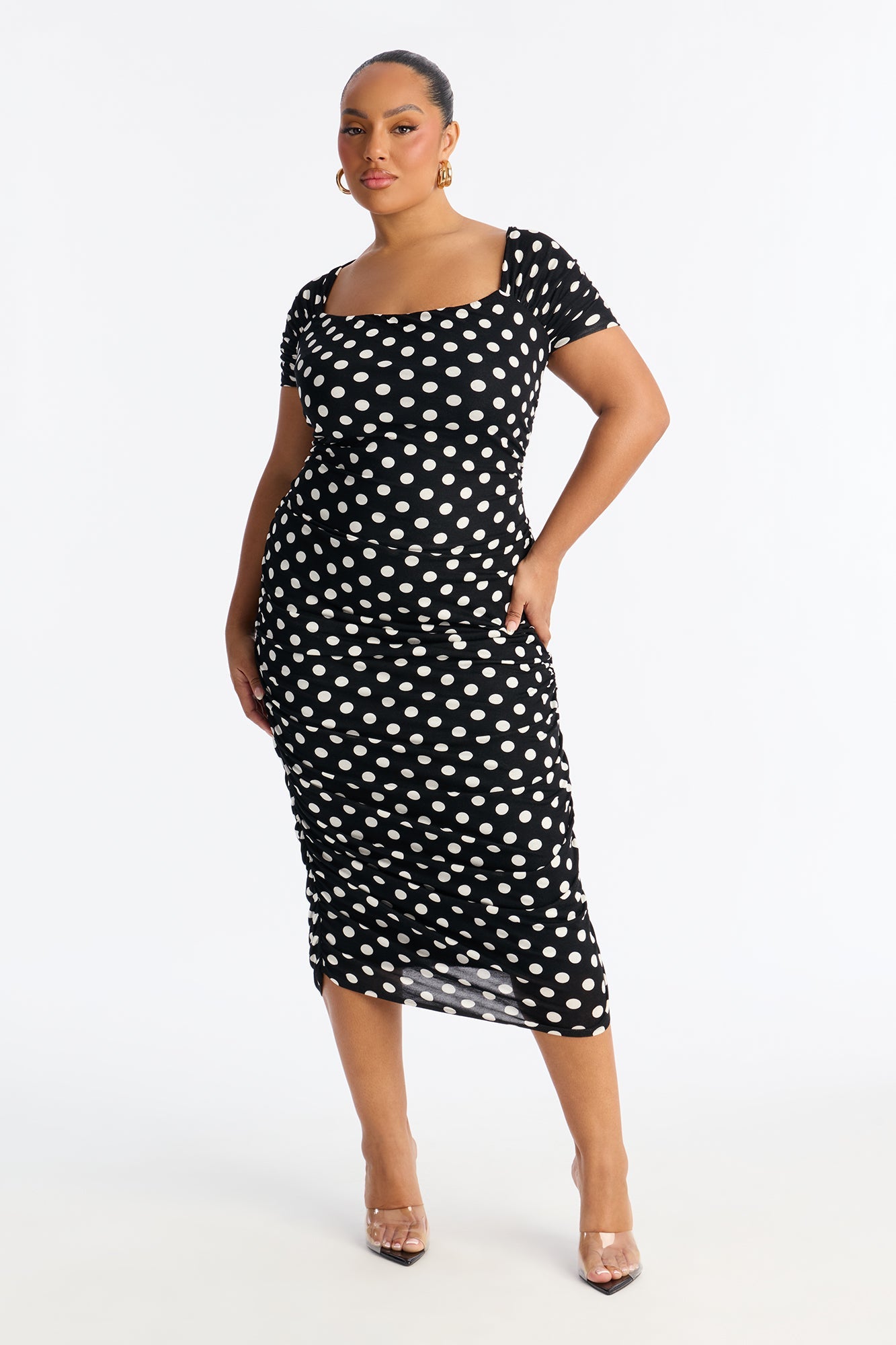 Abigail Ruched Polka Dot Midi Dress - Black/White