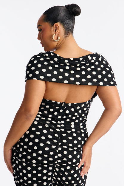 Abigail Ruched Polka Dot Midi Dress - Black/White