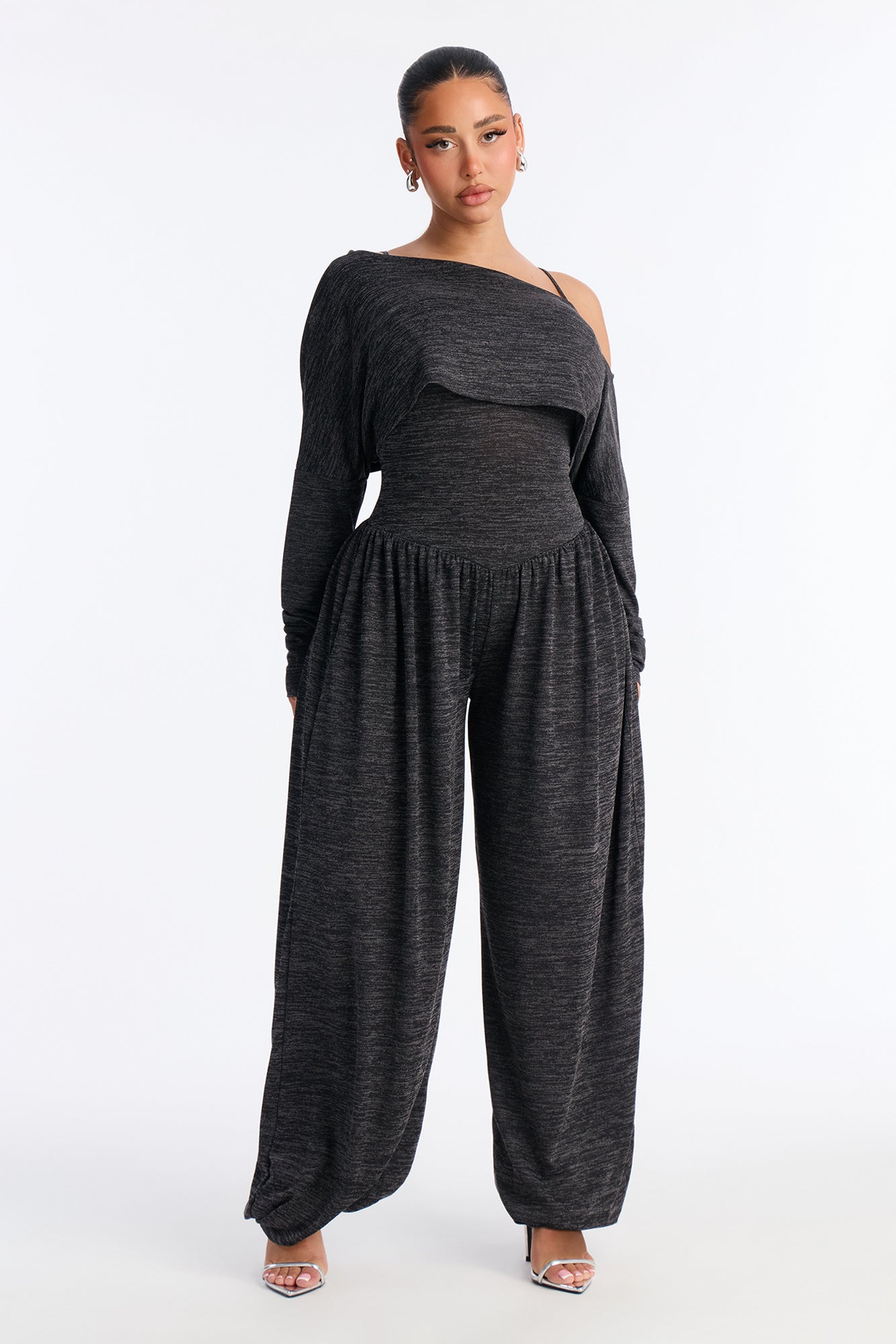 Alania 2 Piece Draped Sweater Balloon Leg Jumpsuit - Charcoal/combo