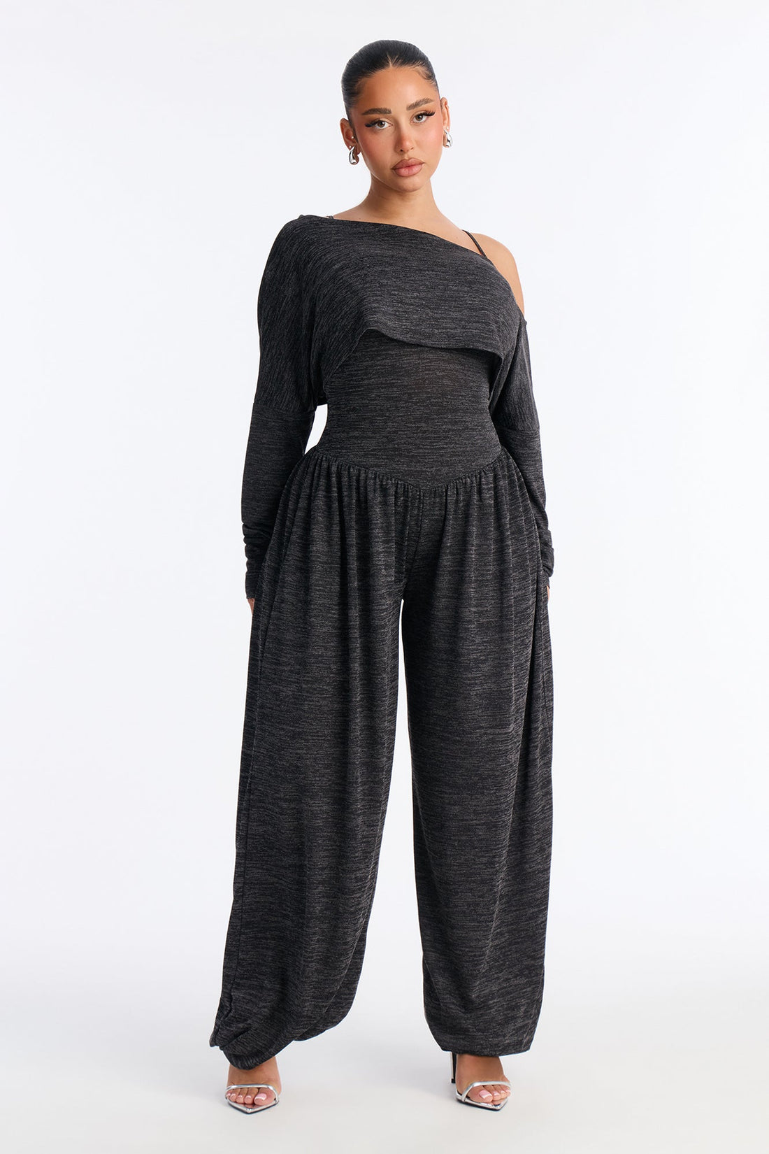 Alania 2 Piece Draped Sweater Balloon Leg Jumpsuit - Charcoal/combo