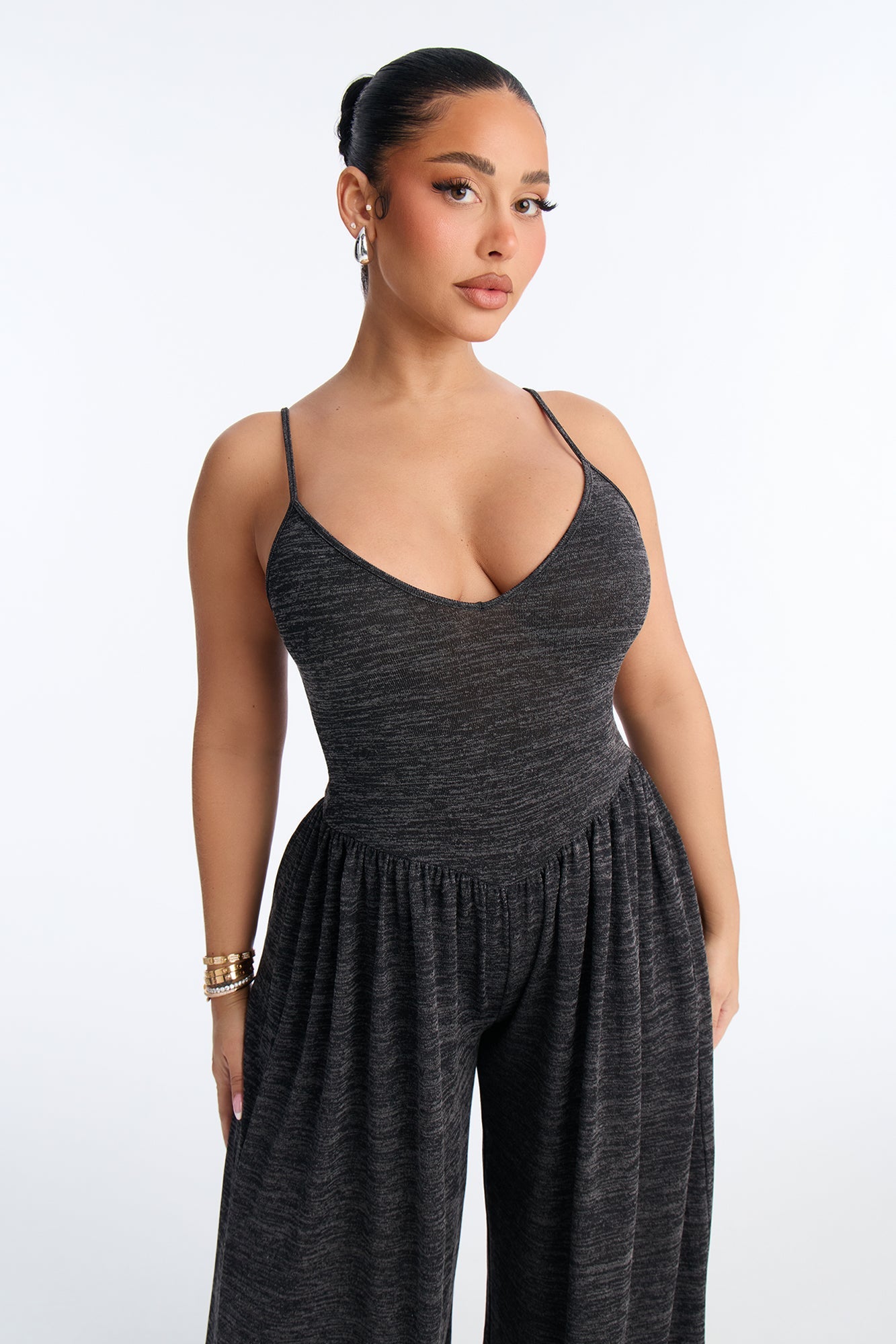 Alania 2 Piece Draped Sweater Balloon Leg Jumpsuit - Charcoal/combo