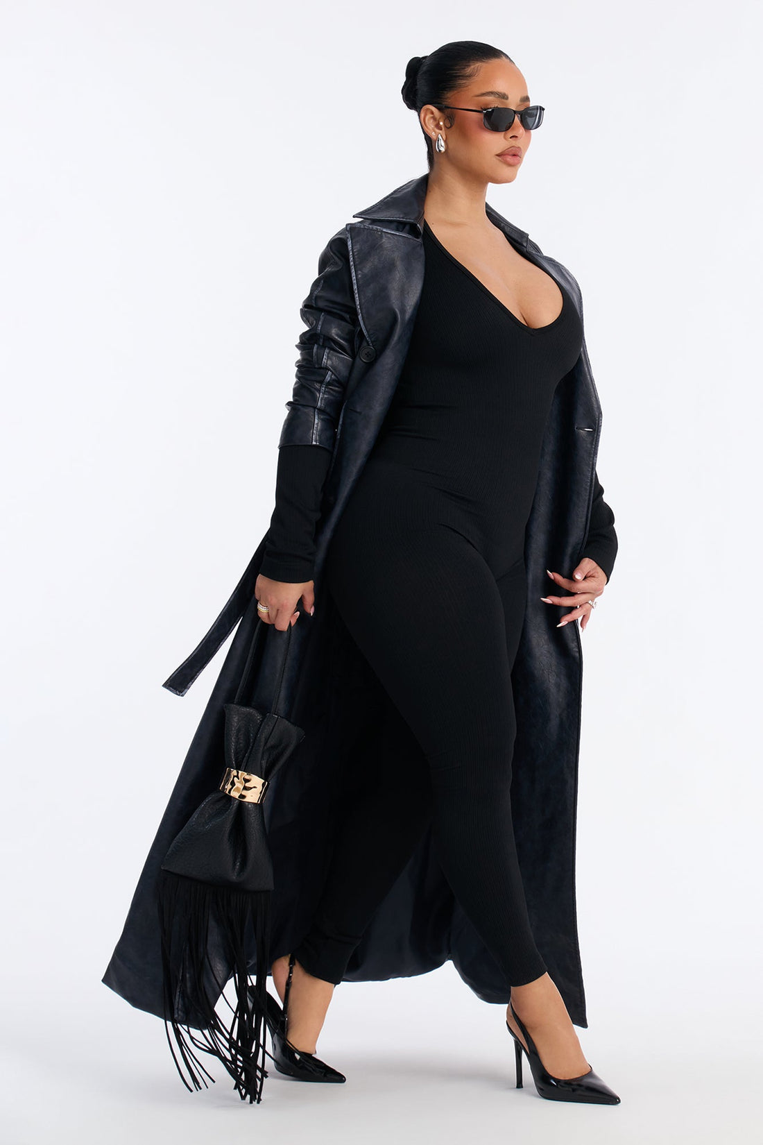 Carolina Ribbed Plunge Neck Catsuit - Black