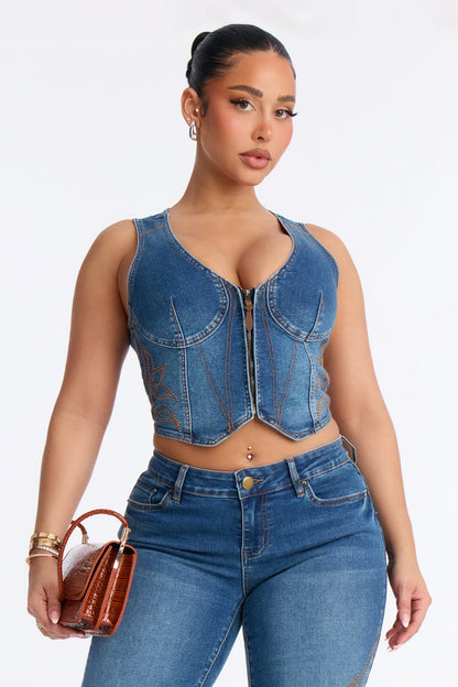 Rodeo Royale Embroidered Denim Vest - Dark Wash