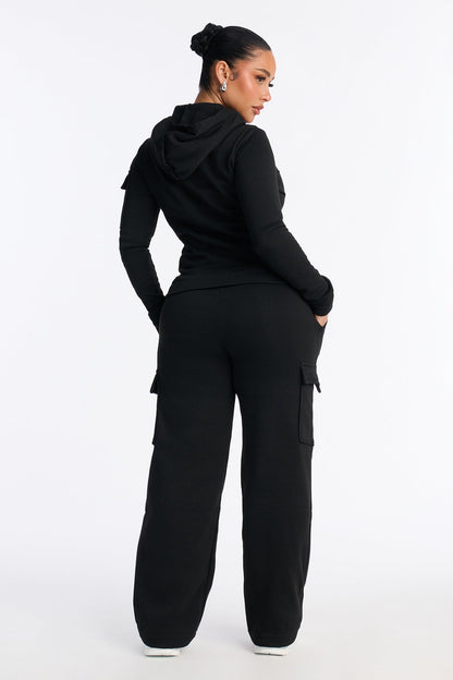 On The Run Cargo Fleece Pant Set - Black