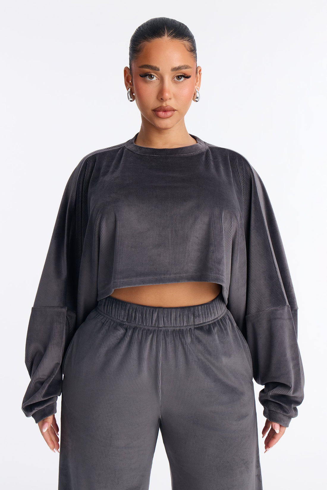 Vicky Ribbed Cropped Sweatshirt Crewneck - Charcoal