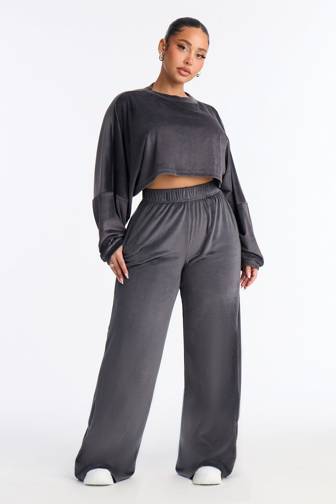 Vicky Ribbed Wide Leg Pants - Charcoal