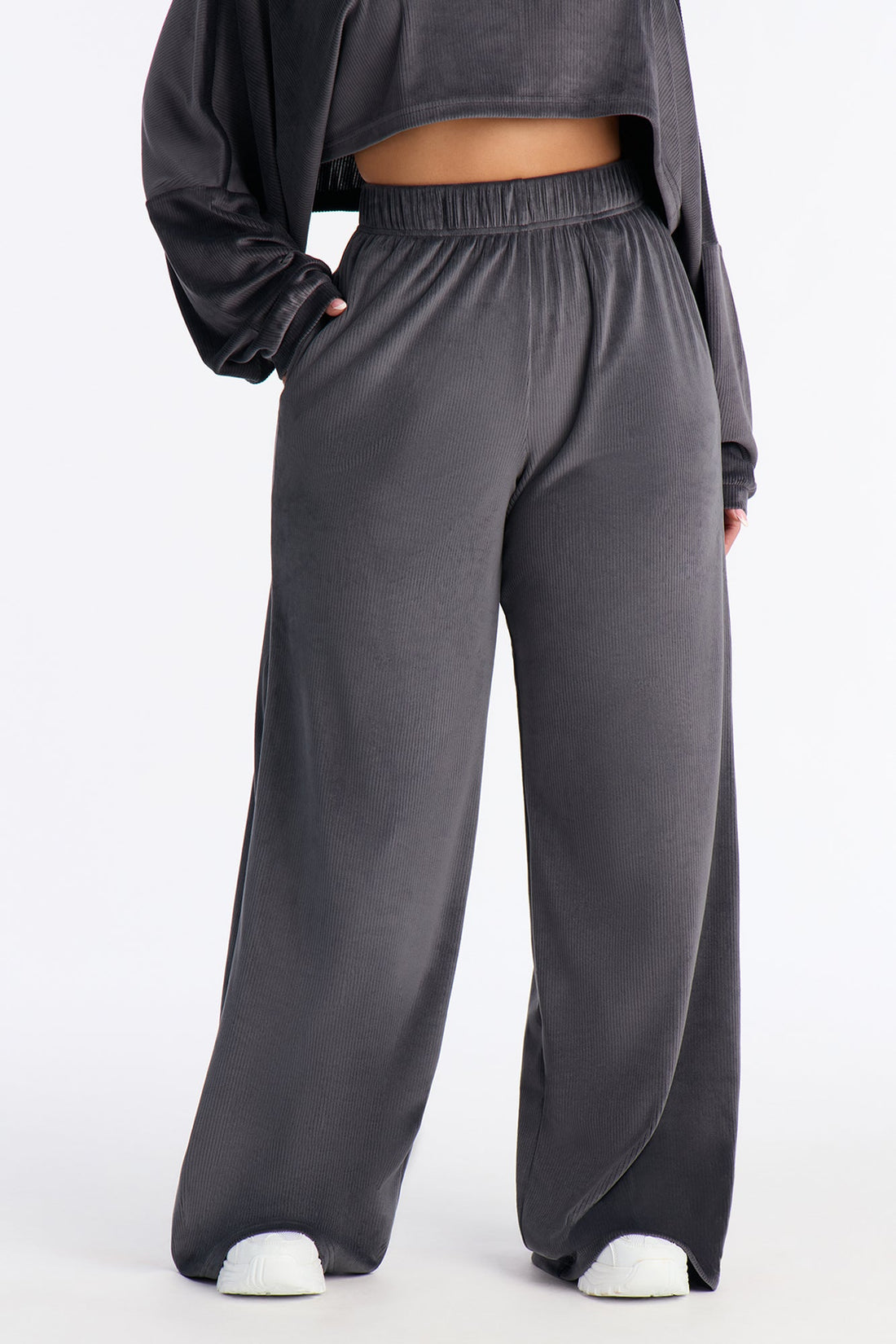 Vicky Ribbed Wide Leg Pants - Charcoal