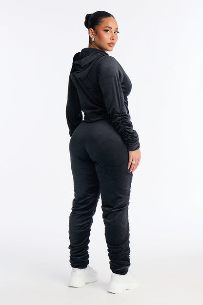Soft Girl Energy Ruched Velour Jogger Set - Black