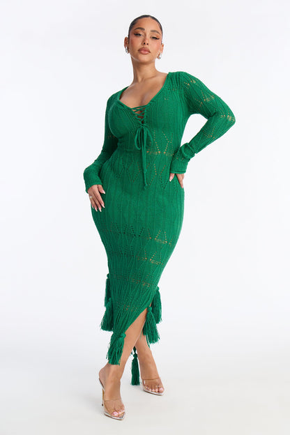 Feyre Fringe Trim Sweater Maxi Dress - Kelly Green