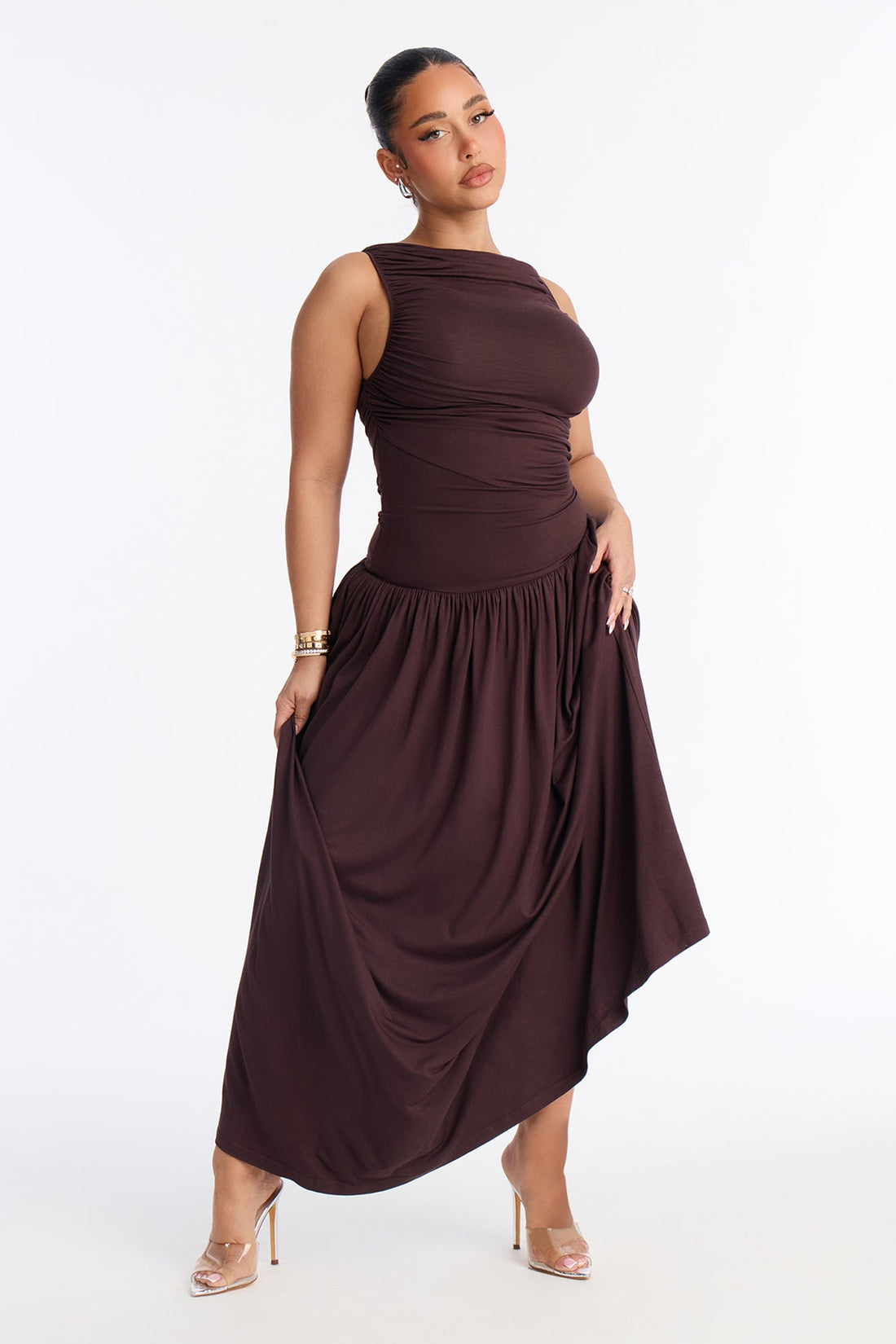 Maisie Ruched Drop Waist Maxi Dress - Chocolate
