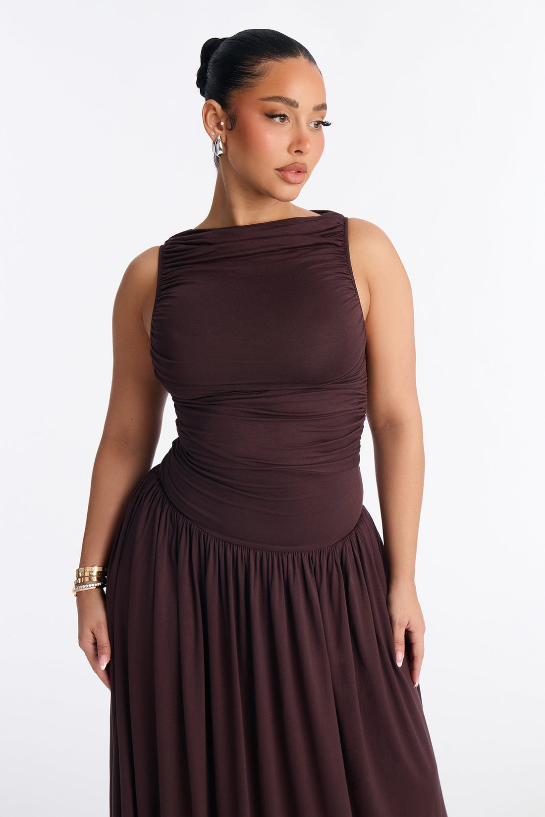Maisie Ruched Drop Waist Maxi Dress - Chocolate