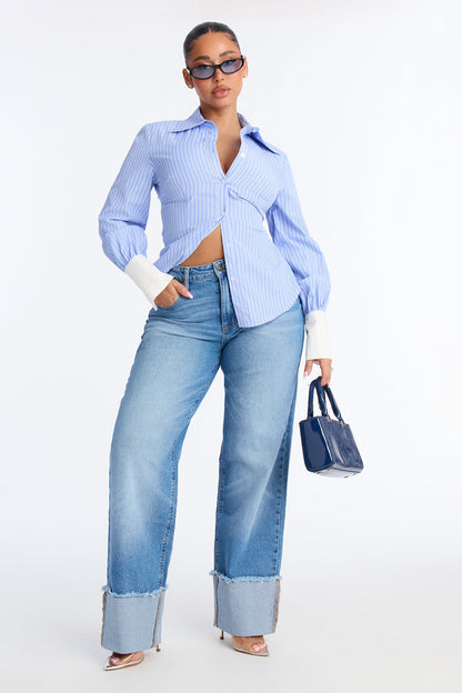 Still To Come Cuffed Wide Leg Jeans - Light Wash
