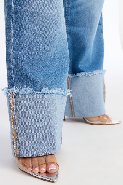 Still To Come Cuffed Wide Leg Jeans - Light Wash