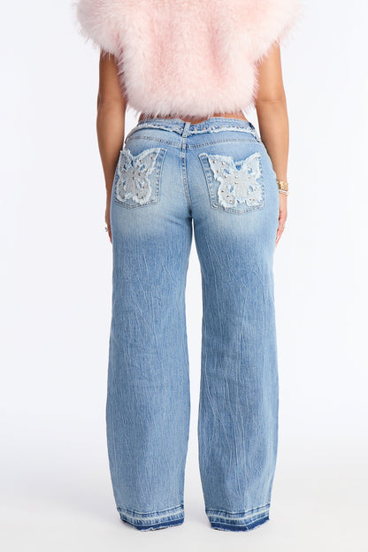 Fly Away Butterfly Jeans - Light Wash