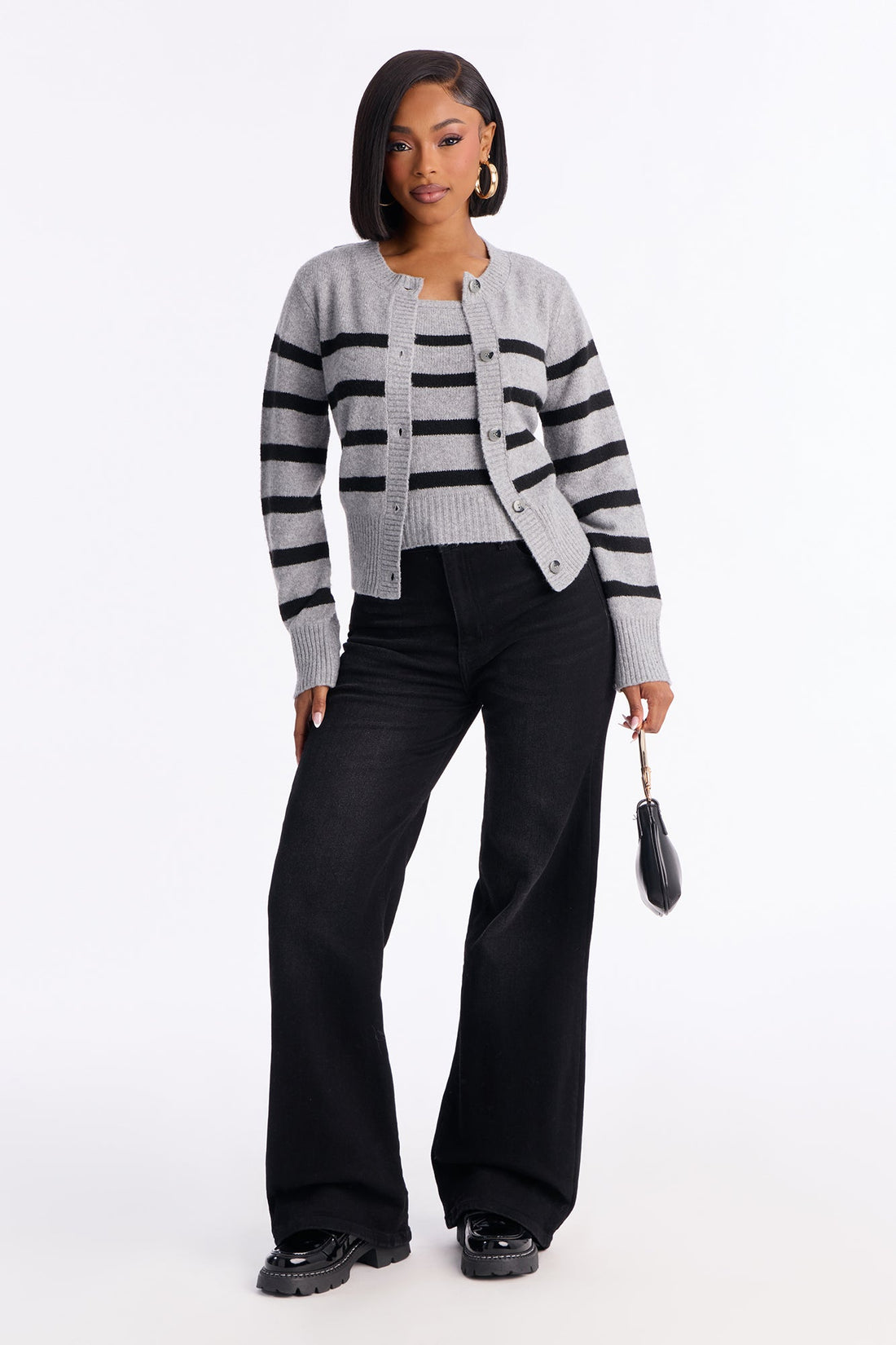 Malibu Striped 2 Piece Cardigan set - Grey/combo