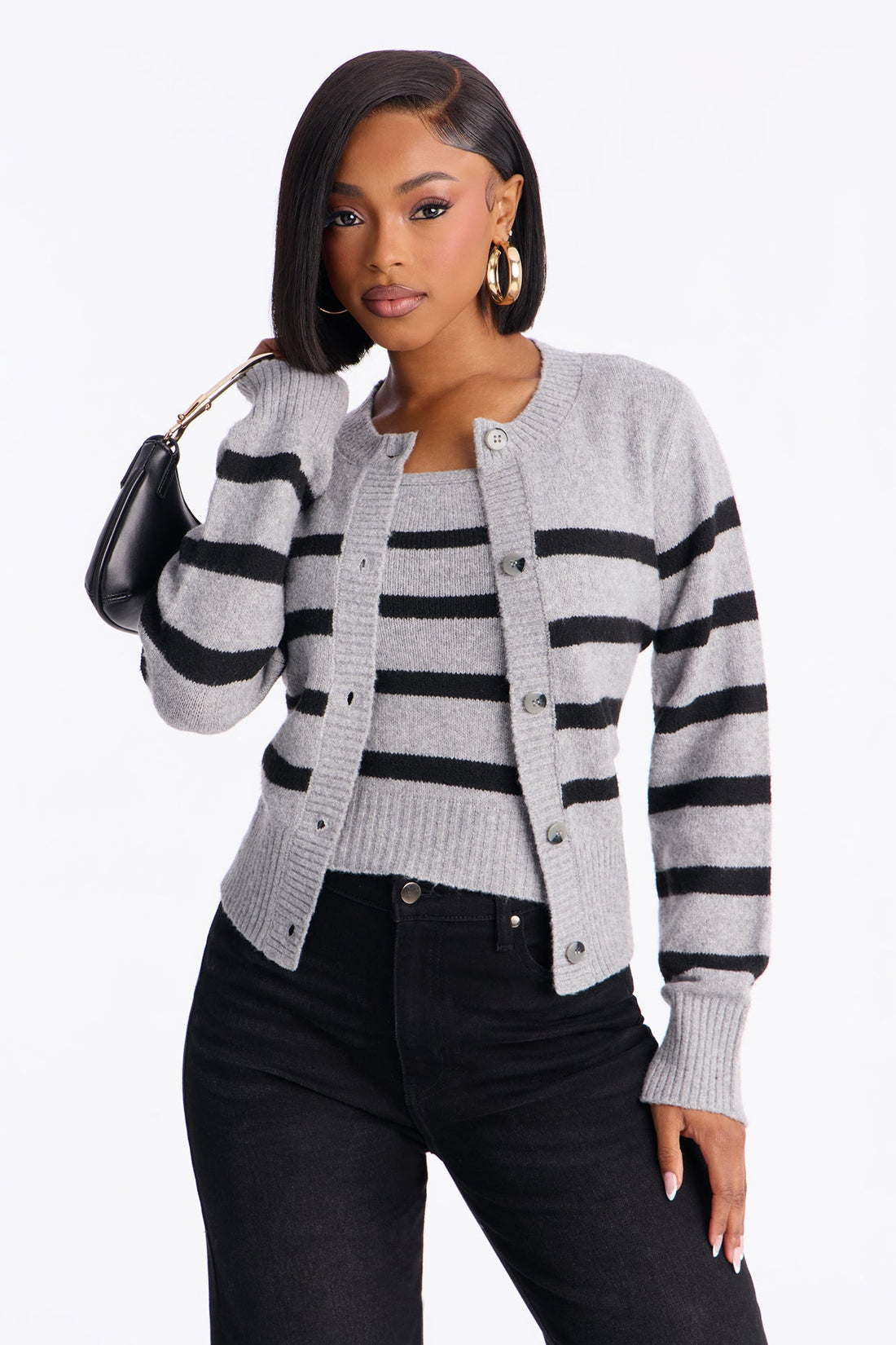 Malibu Striped 2 Piece Cardigan set - Grey/combo