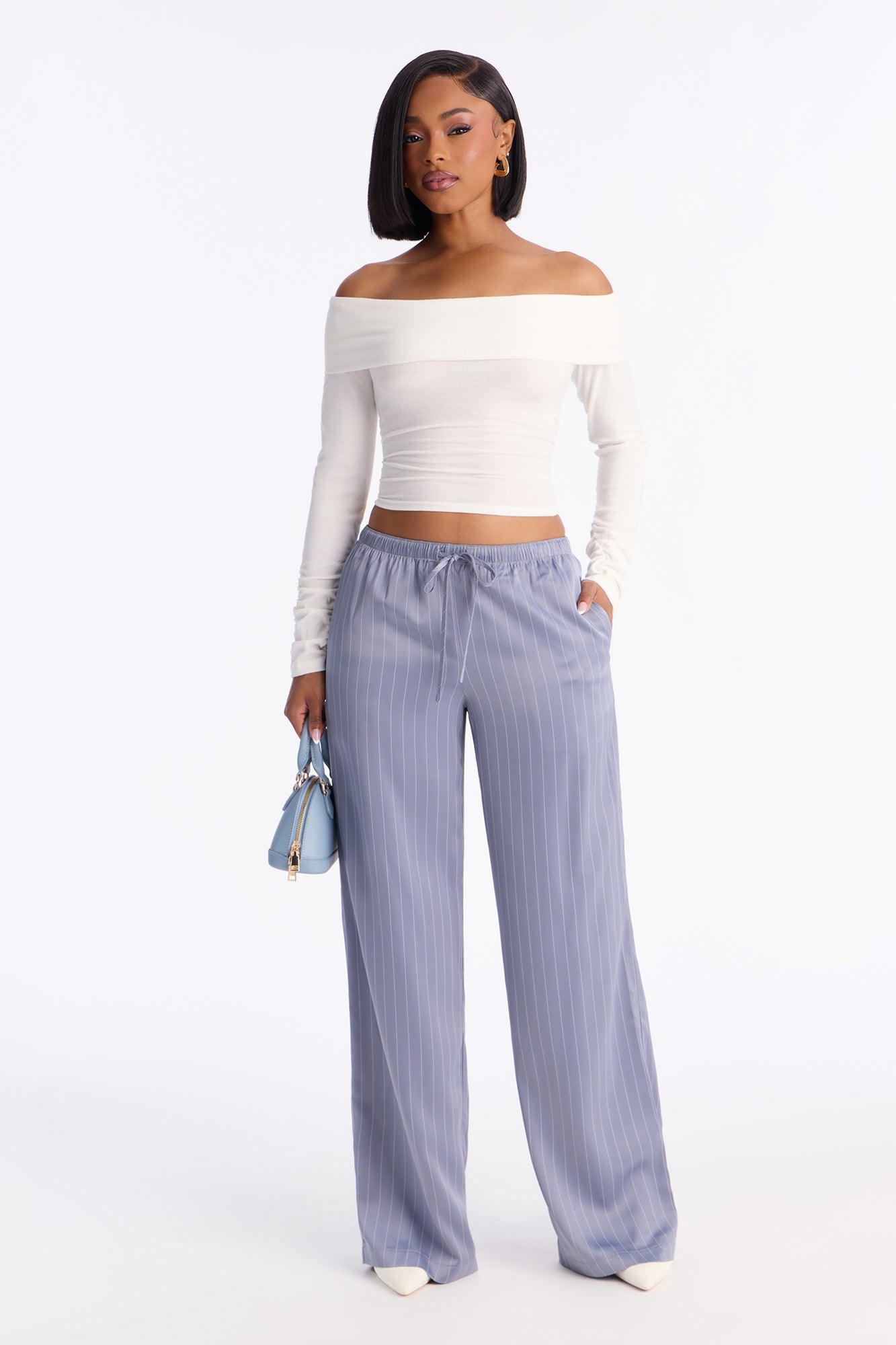 Lulu Pinstripe Satin Wide Leg Pant 32″ - Slate Blue