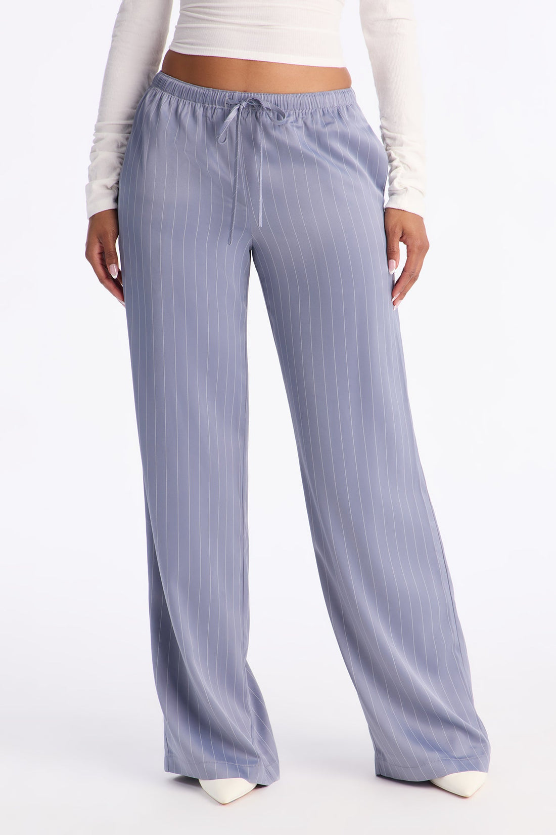Lulu Pinstripe Satin Wide Leg Pant 32″ - Slate Blue