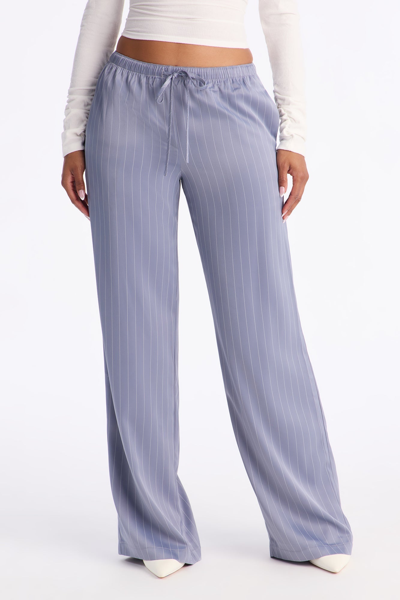Lulu Pinstripe Satin Wide Leg Pant 32″ - Slate Blue