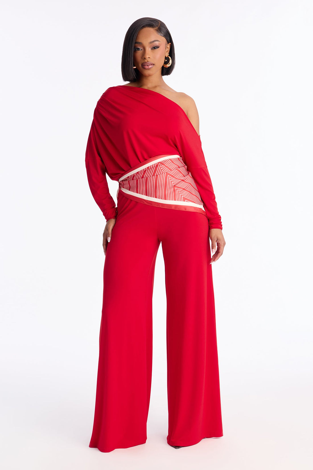 Define Me 3 Piece Scarf Pant Set - Red