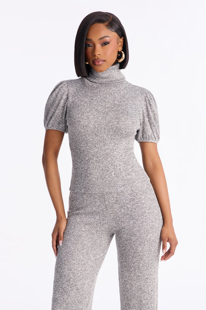 Maya Turtle Neck Short Sleeve Flare Pant Set - Grey
