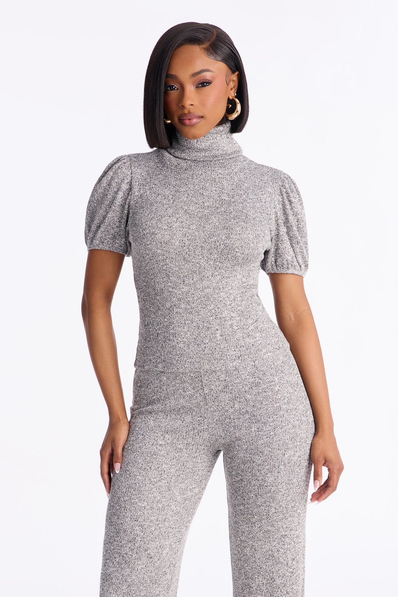 Maya Turtle Neck Short Sleeve Flare Pant Set - Grey