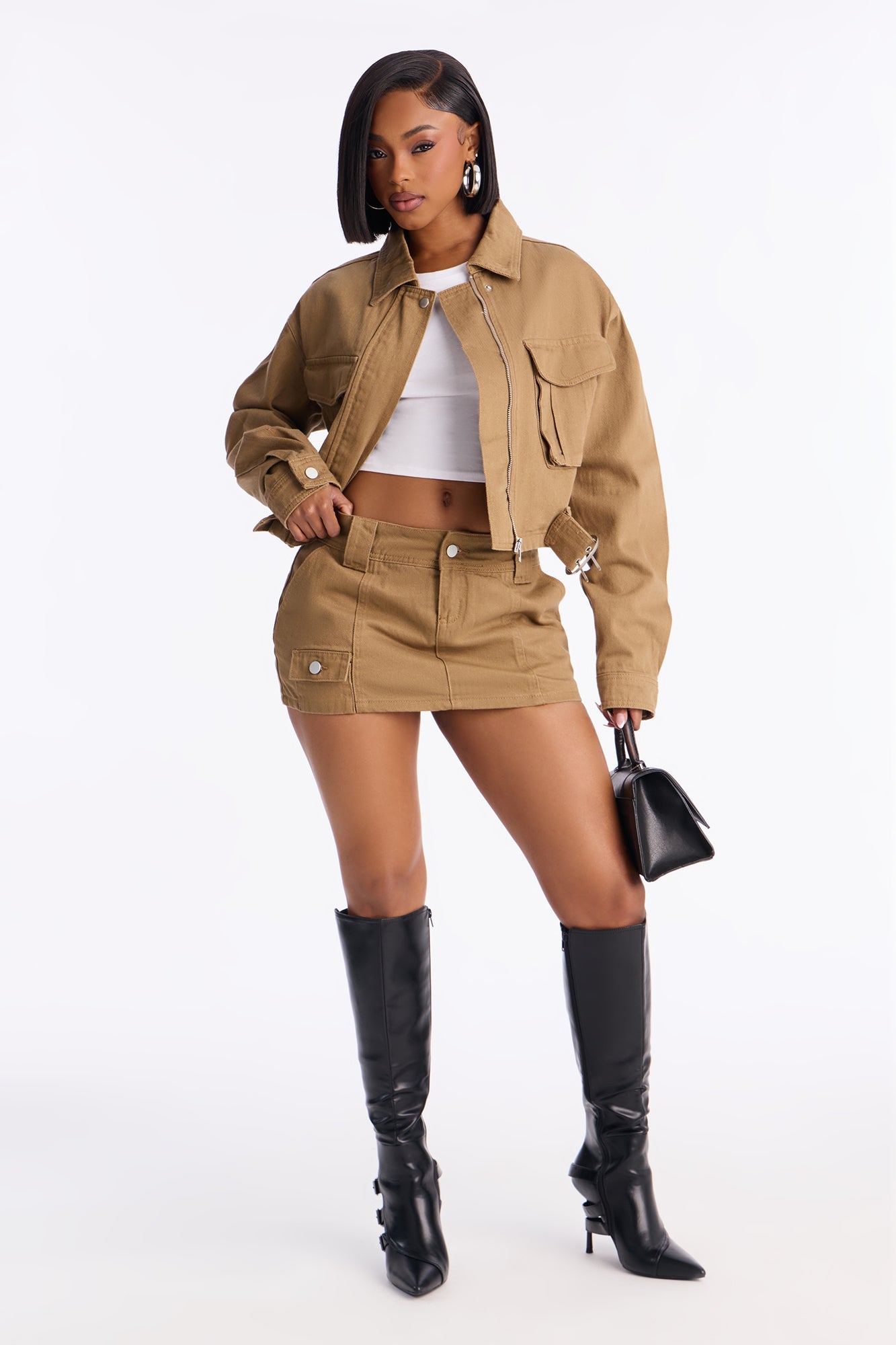 Jane Cargo Denim Mini Skirt Set - Camel