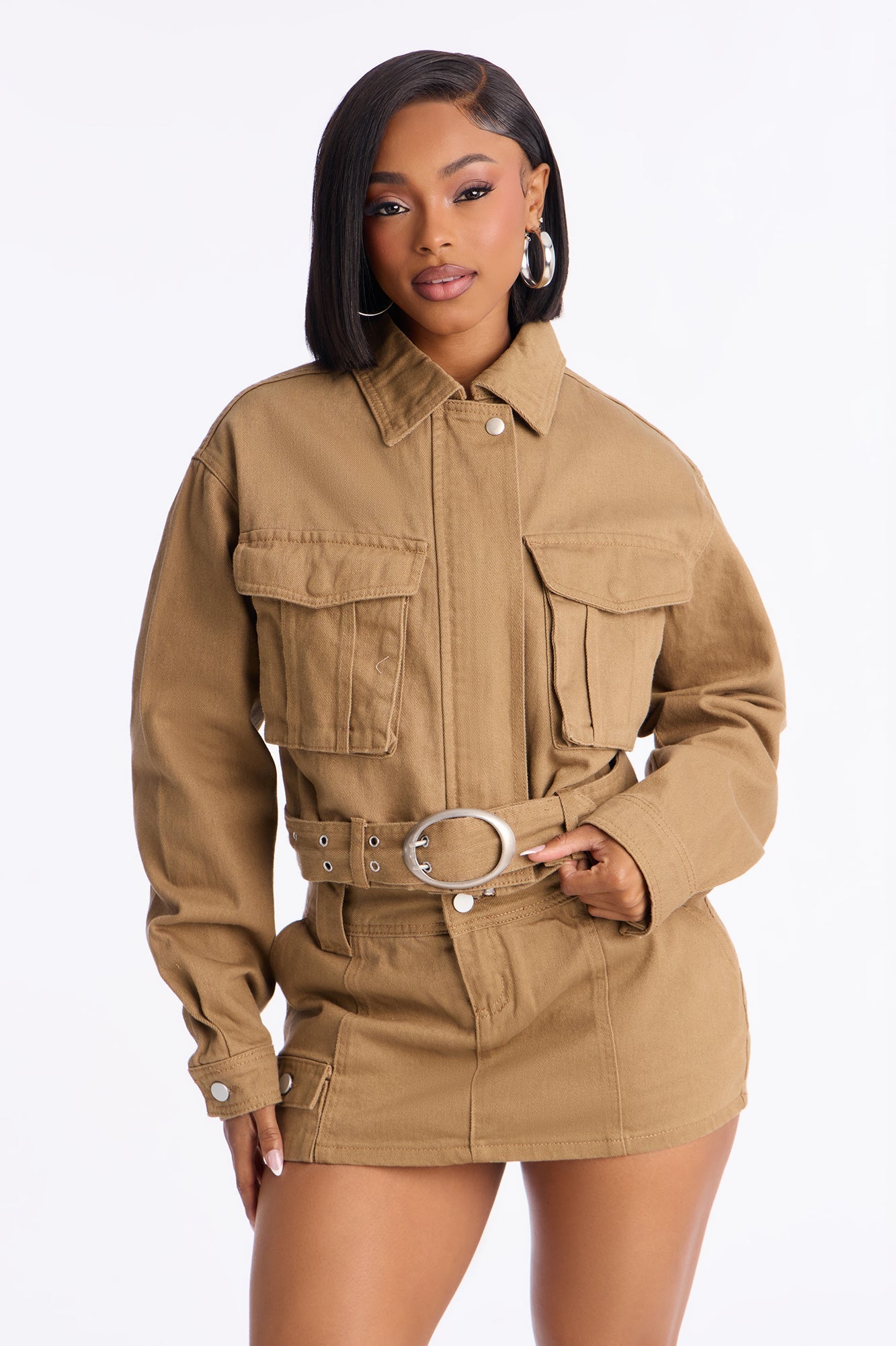 Jane Cargo Denim Mini Skirt Set - Camel