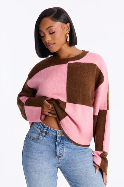 High Demand Checkered Sweater - Chocolate/Combo