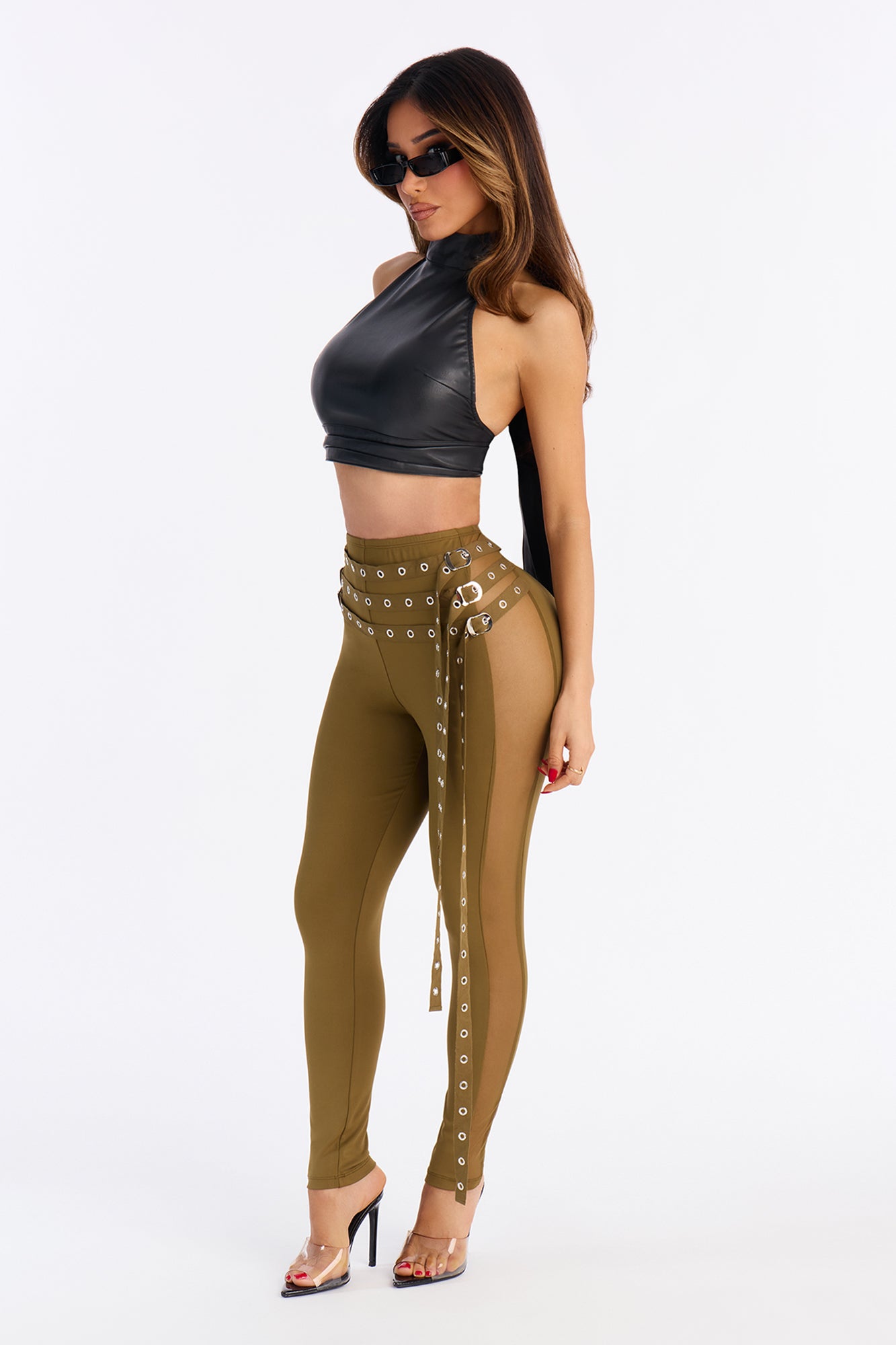 Gia Belted Mesh Capri Legging - Military Green