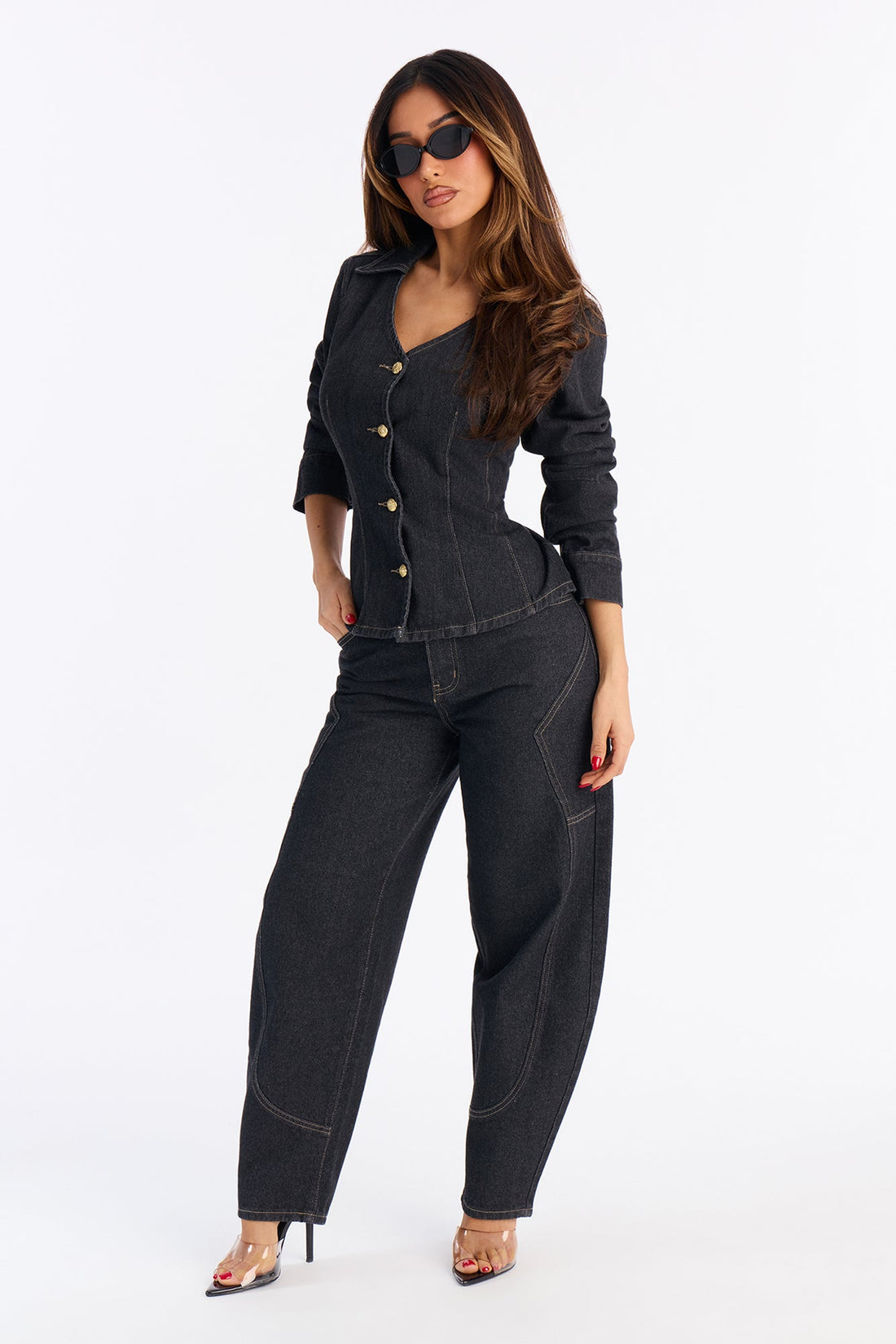 Makena Denim Barrel Leg Pant Set - Dark Denim