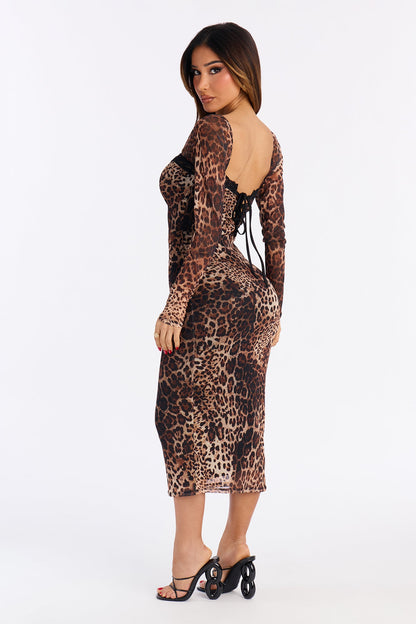 Yara Leopard Mesh Midi Dress - Leopard