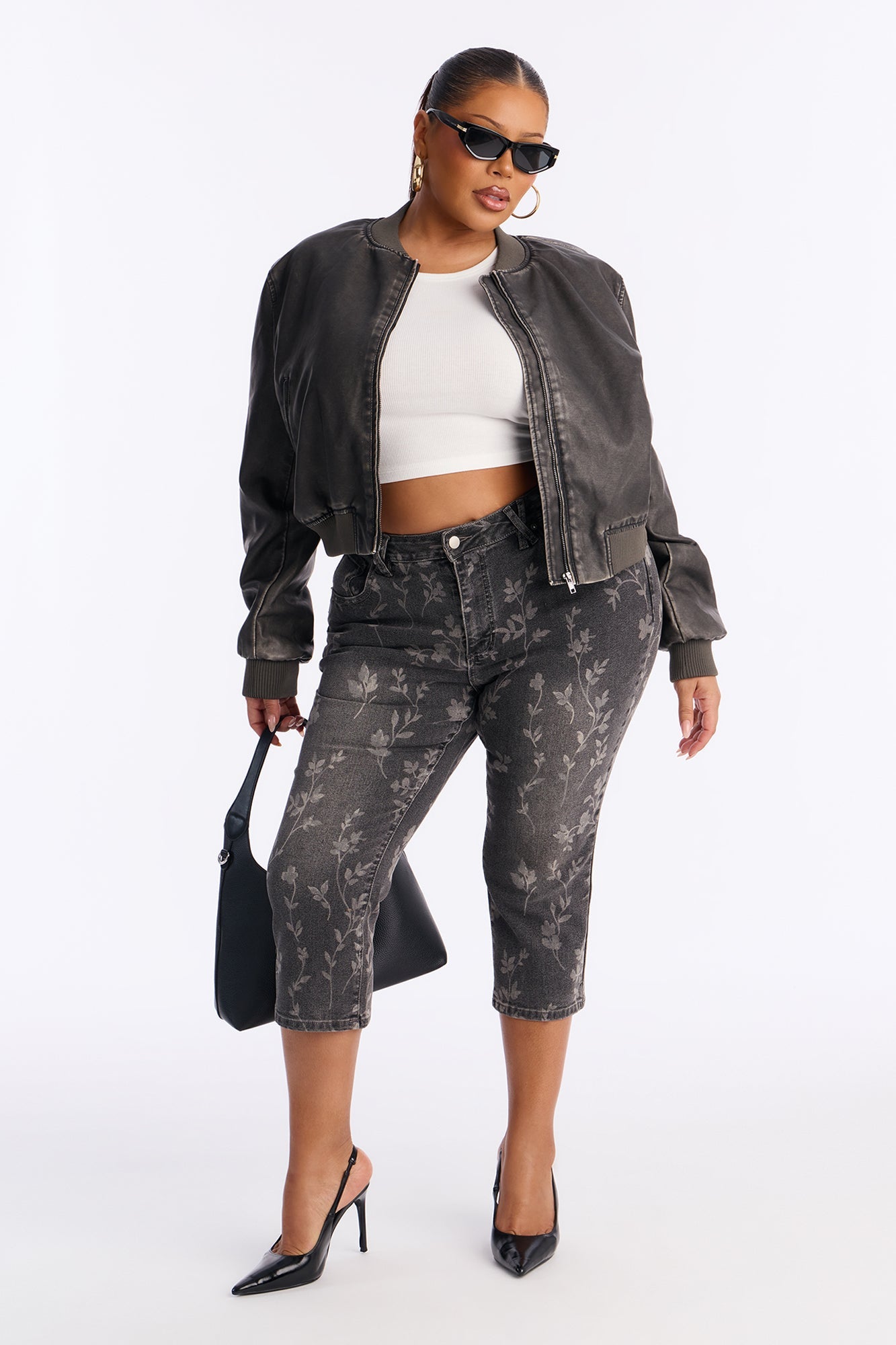 Midnight Fleur Stretch Skinny Capri Jeans - Grey