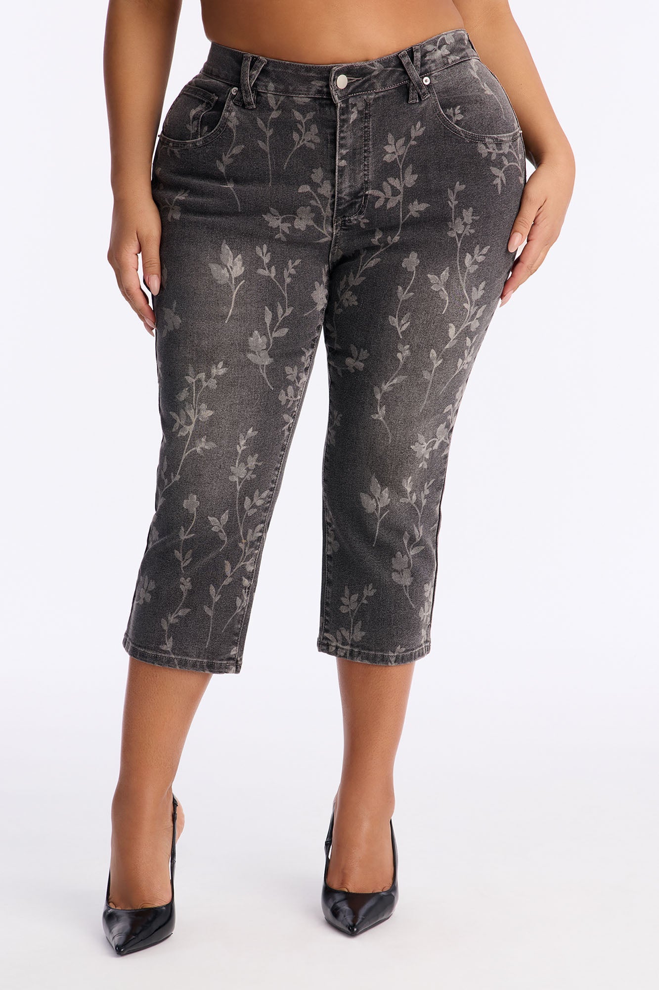 Midnight Fleur Stretch Skinny Capri Jeans - Grey