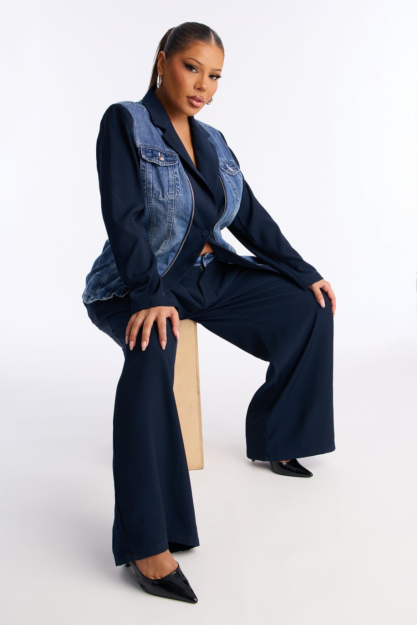 Short Cityscape Remix Blazer Pant Set - Navy