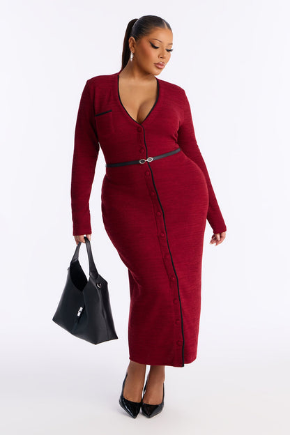 Genesis Belted Sweater Midi Dress - Burgundy/combo