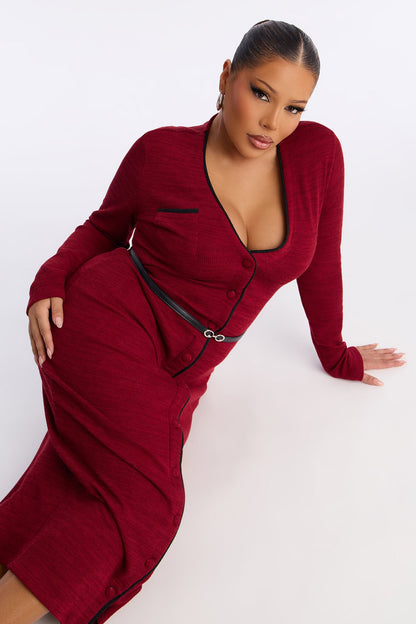 Genesis Belted Sweater Midi Dress - Burgundy/combo