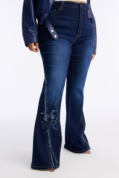 Fluttering Butterfly Embroidered Flare Jeans - Dark Wash
