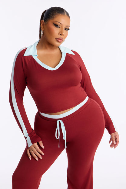 Zoe Contrast Trim Flare Leg Pant Set - Burgundy/combo