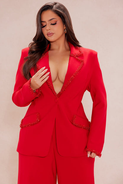 Sweetest Touch Beaded Trim Suit Set - Red