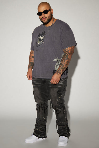 Side Snap Cargo Stacked Skinny Flare Jeans - Black Wash