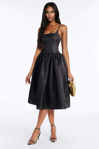 Nicole Corset Satin Midi Dress - Black
