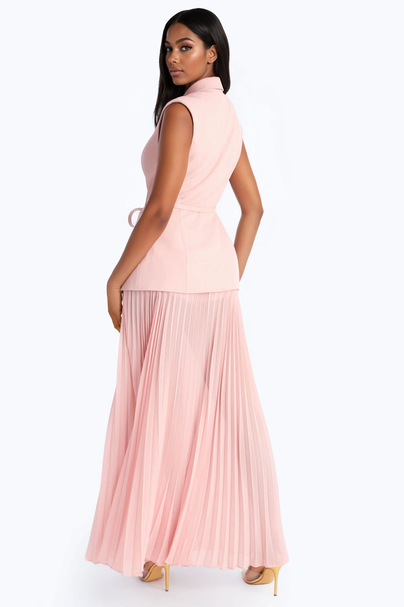 Aria Belted Blazer Pleated Maxi Skirt Set - Pink