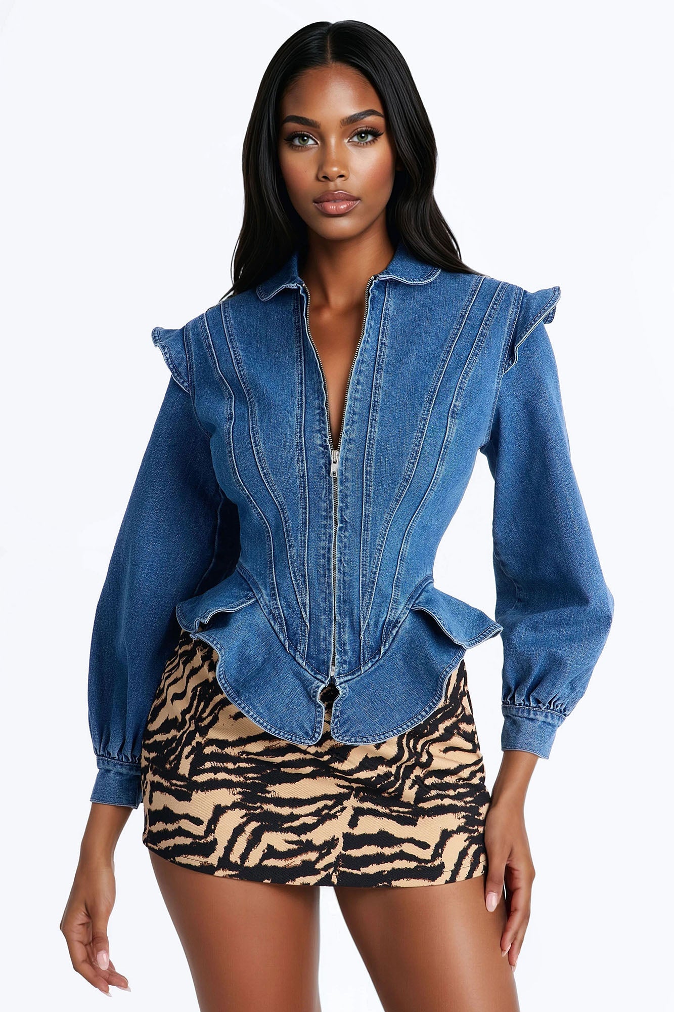 Her Majesty Zip Up Denim Jacket - Medium Blue Wash
