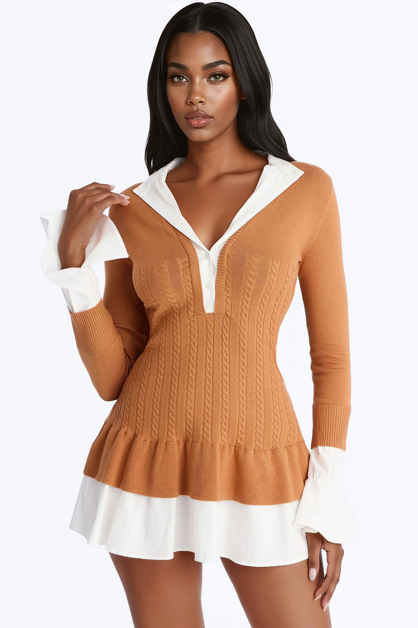 Kiara Peplum Sweater Mini Dress - Mocha