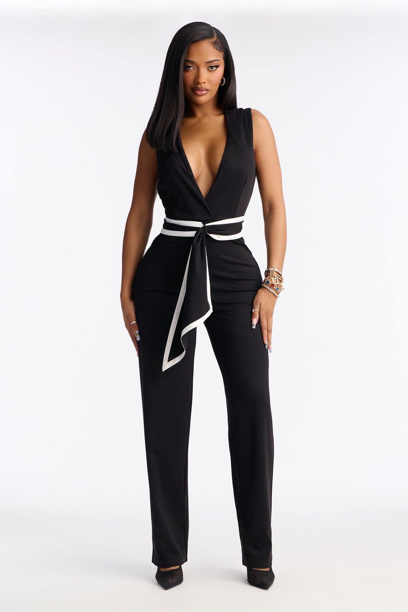 Talia Deep V Tie Waist Jumpsuit - Black