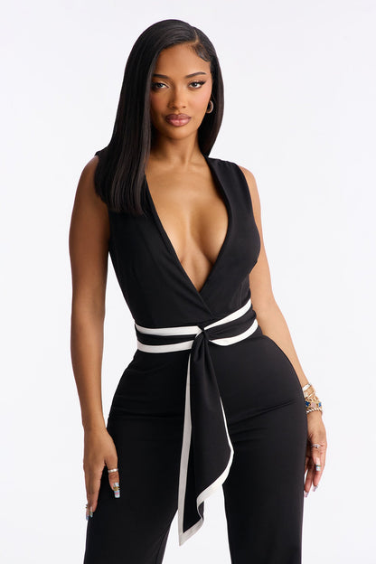Talia Deep V Tie Waist Jumpsuit - Black